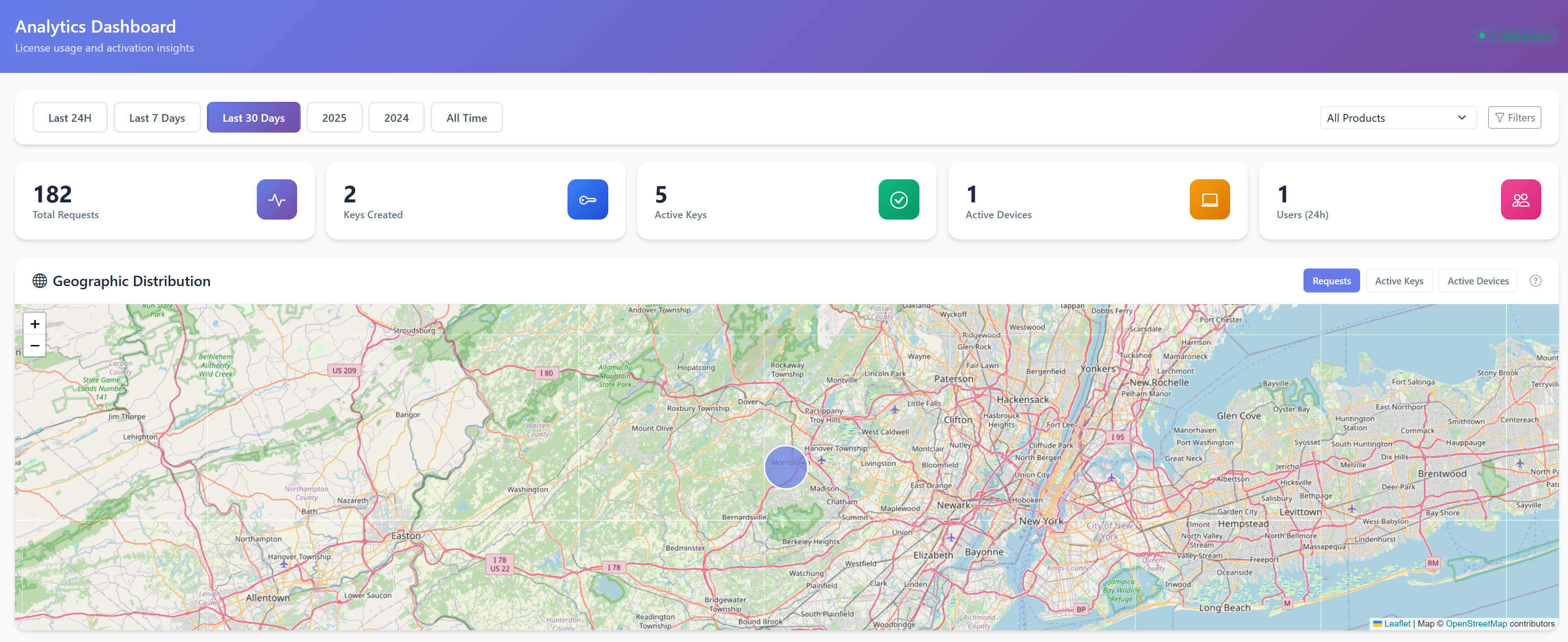 ExisOne Analytics Dashboard showing geographic distribution map, activation metrics, and usage statistics